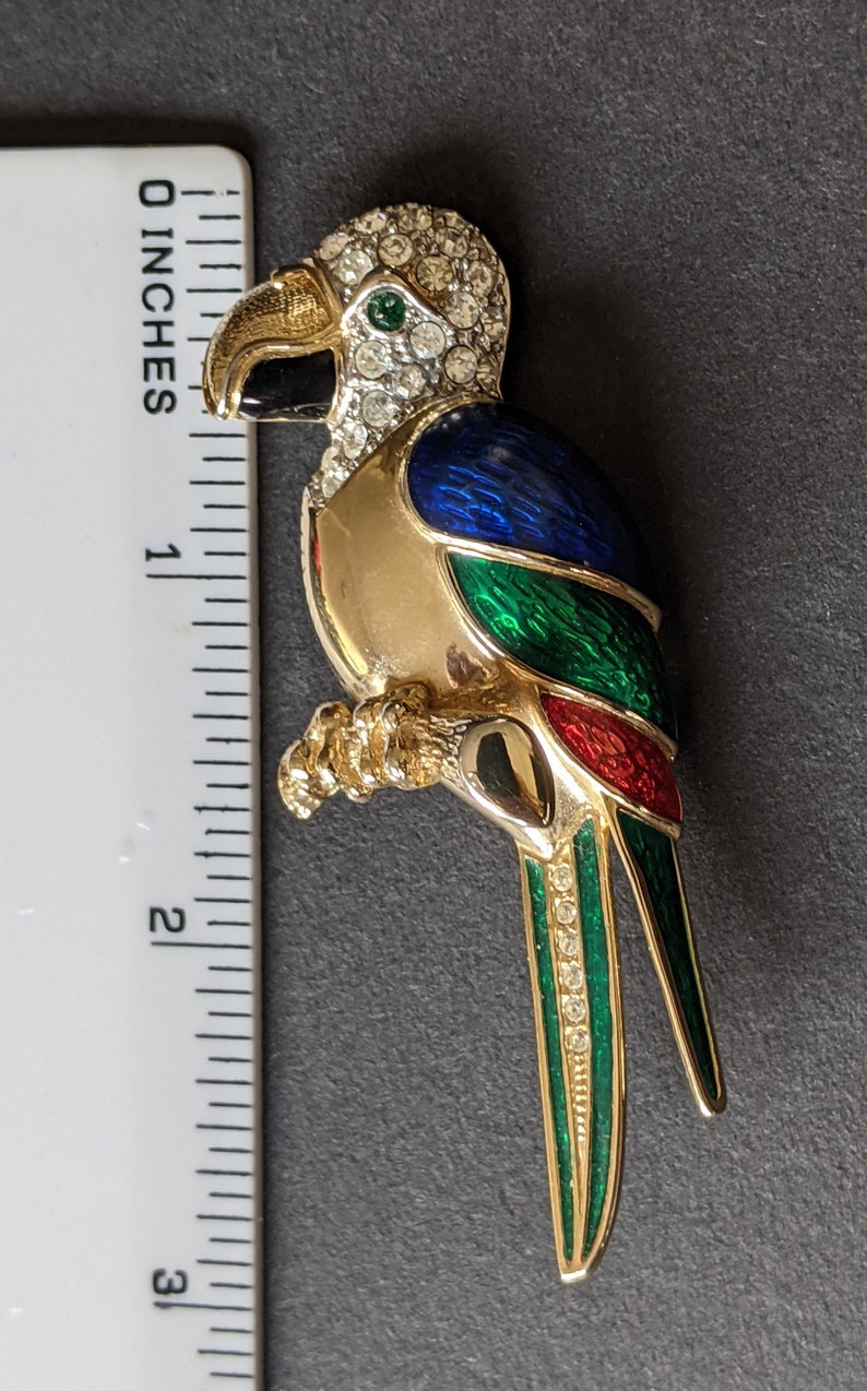 green and blue enamel green rhinestone for the eye red Large vintage parrot brooch fabulous quality clear rhinestones and gold plate