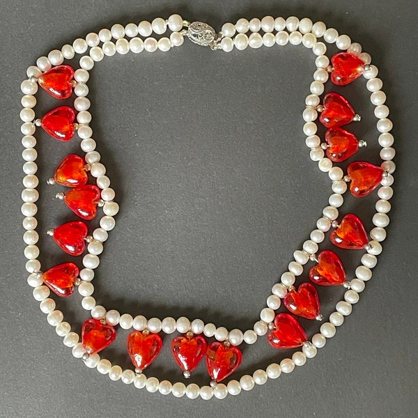Véritable perle blanche, rouge vif Murano verre perle frange double brin collier de déclaration avec fermoir boîte - trois colliers au choix