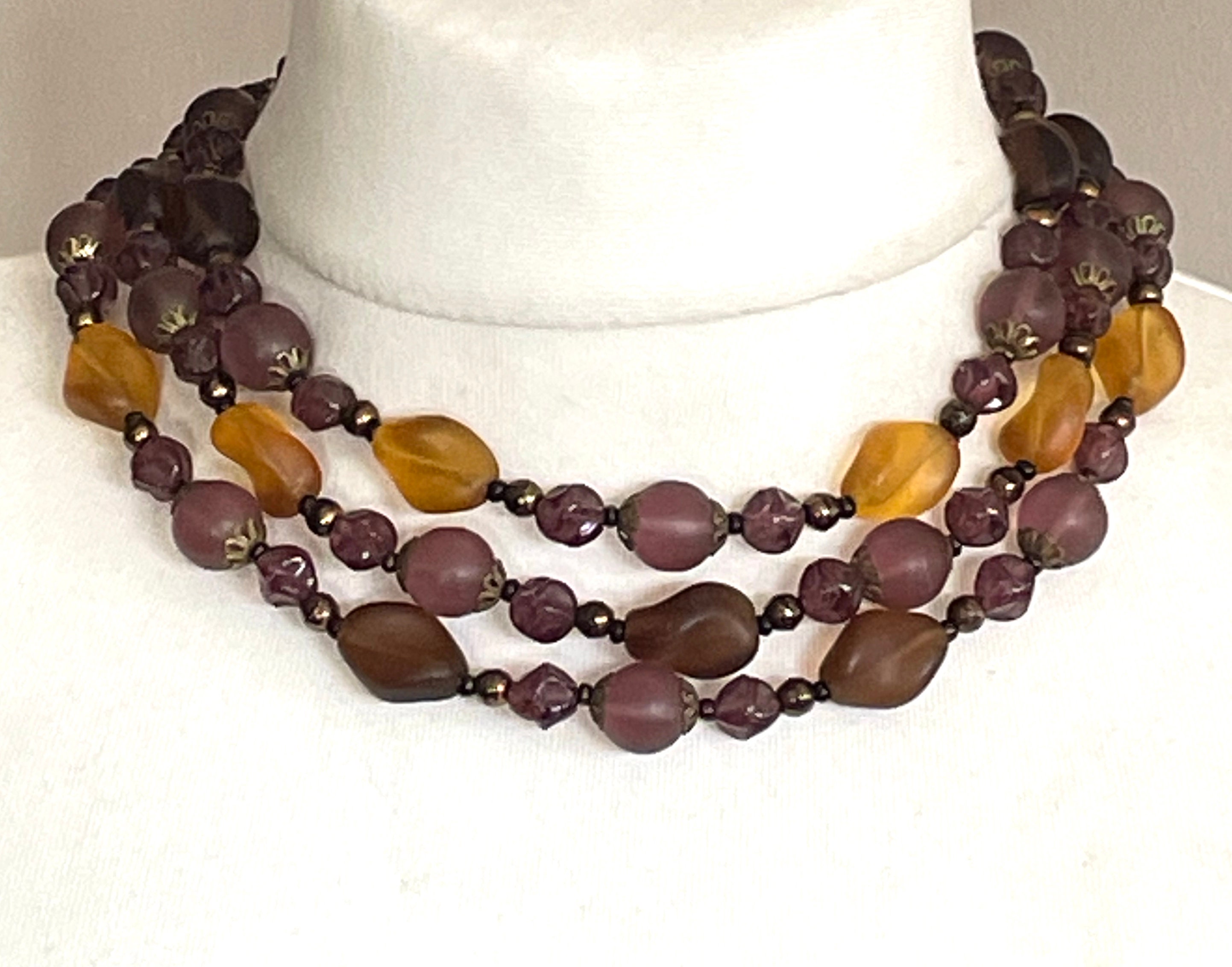 Collier Vintage 3 Rangs Perles En Verre Opalescent Violet - Laiton - Occasion