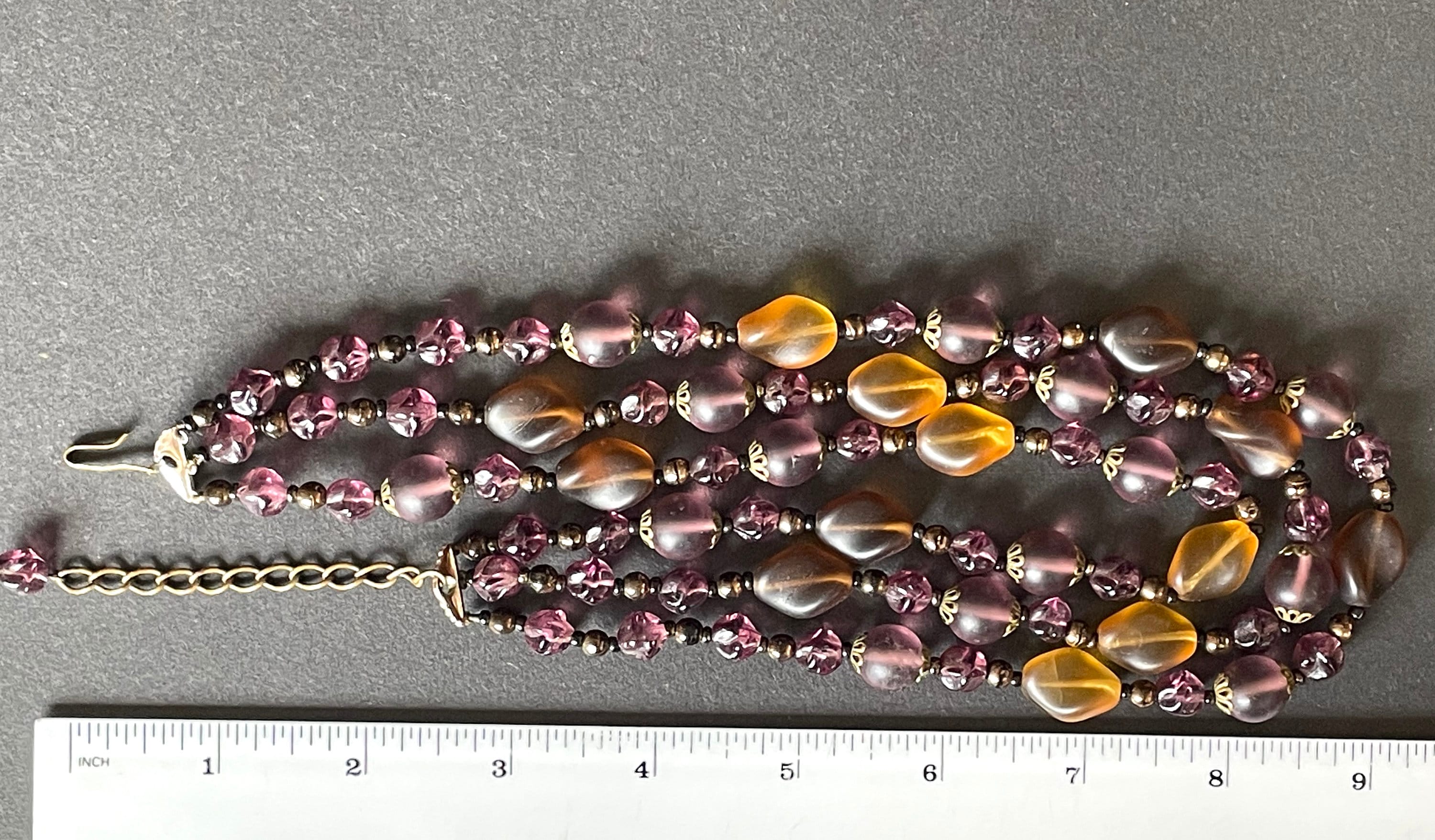 Collier Vintage 3 Rangs - Perles En Pâte De Verre Opalescent Violet - Ancien