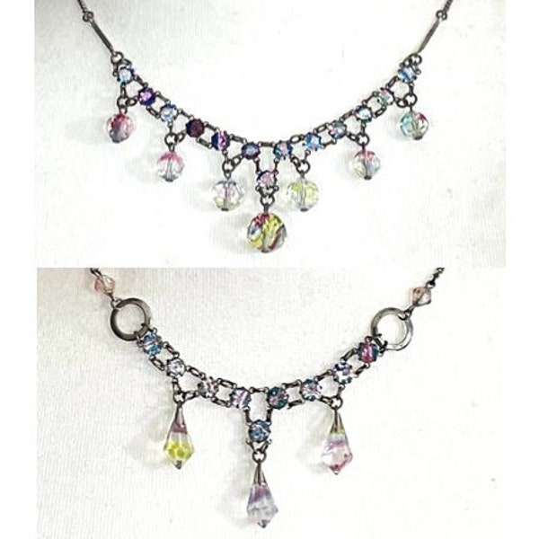 Choice of two vintage iris / rainbow glass crystal necklaces, open backed bezel set rhinestones, fringe designs