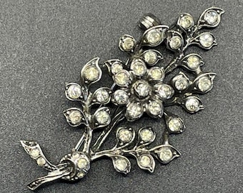 Antique Diamond Paste Solid Silver Brooch Pin Leaf Flower Art
