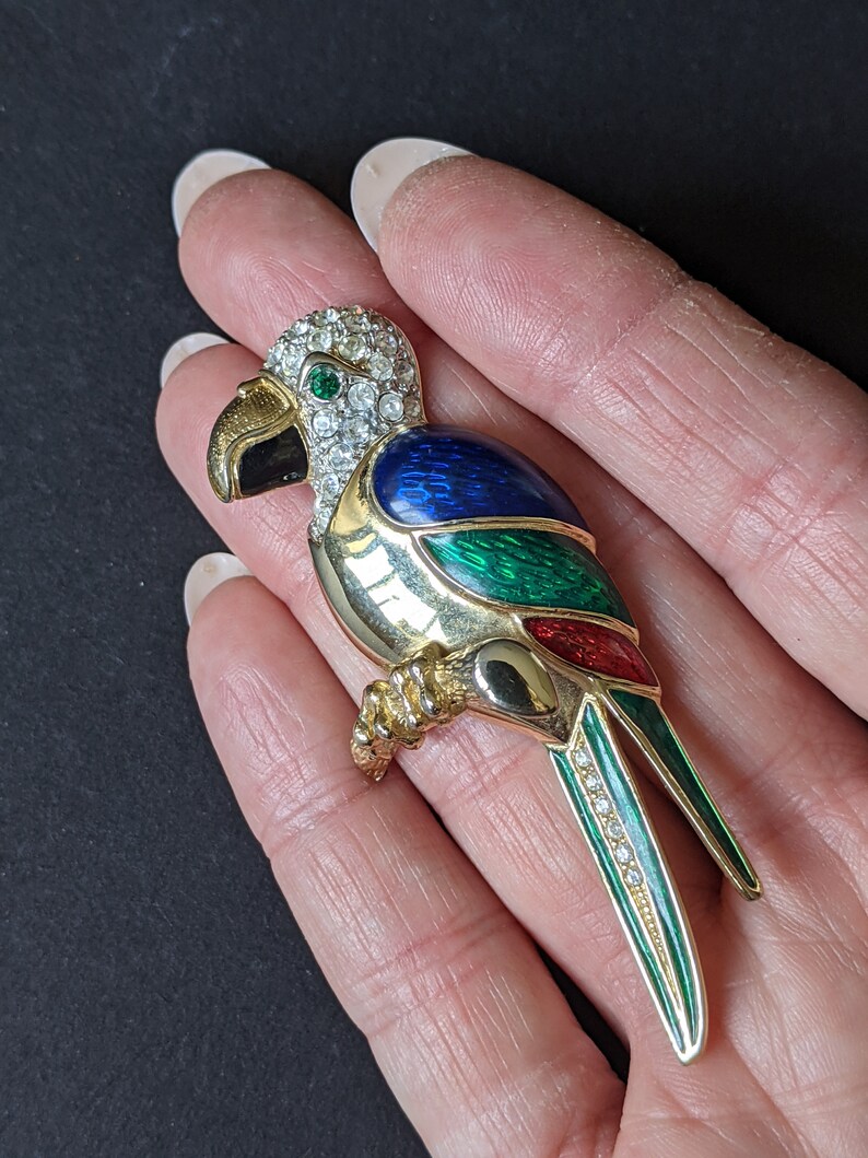 green and blue enamel green rhinestone for the eye red Large vintage parrot brooch fabulous quality clear rhinestones and gold plate