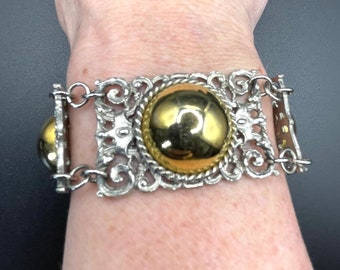 Unusual Vintage Silver Tone Filigree and Large Shiny Gold