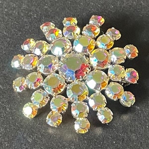 Vintage 1950s Art Deco style bridal wedding crystal statement sunburst brooch, bezel set, open backed, aurora borealis set in silver tone