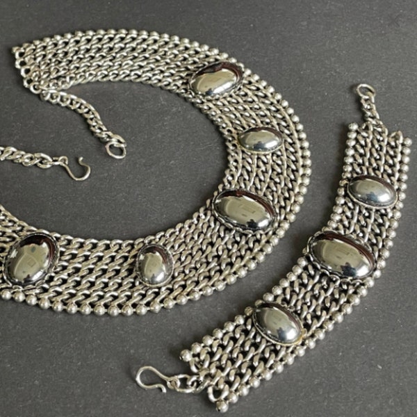 Vintage Art Deco machine age style heavy silver tone chainmail Cleopatra collar necklace and cuff bracelet, with large haematite cabochons