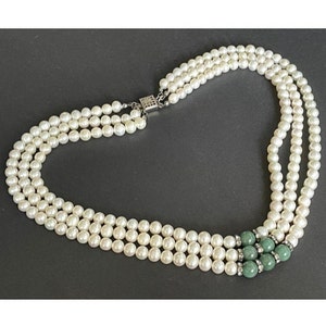 Real white pearl, green jade gemstone and rhinestone rondelle bead triple strand statement necklace with box clasp