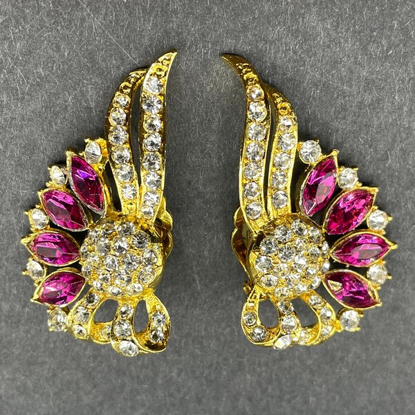 Huge vintage clip on rhinestone earrings, gorgeous ruby pink marquise cut and clear crystal diamanté set in shiny gold tone