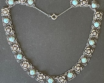 Vintage Czech Art Deco silver tone filigree and turquoise blue glass cabochon riviere panel necklace, rose flower design