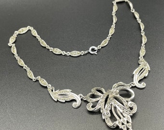 Vintage marcasite and silver tone leaf design garland lariat necklace