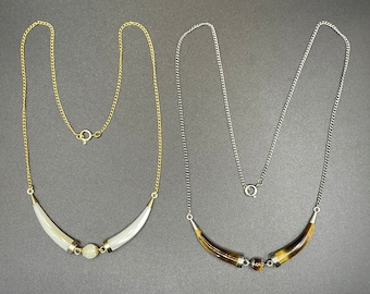 Choice of two vintage mother of pearl MOP or tiger's eye double tusk / horn design necklaces