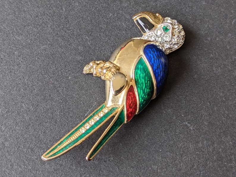 green and blue enamel green rhinestone for the eye red Large vintage parrot brooch fabulous quality clear rhinestones and gold plate