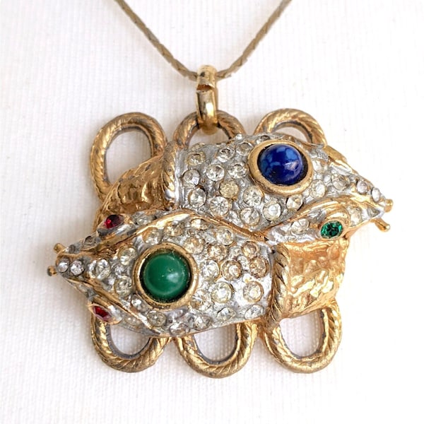 Vintage gold tone and rhinestone and glass cabochon snake / serpent pendant & chain, Kenneth Jay Lane KJL design unsigned, mogul style