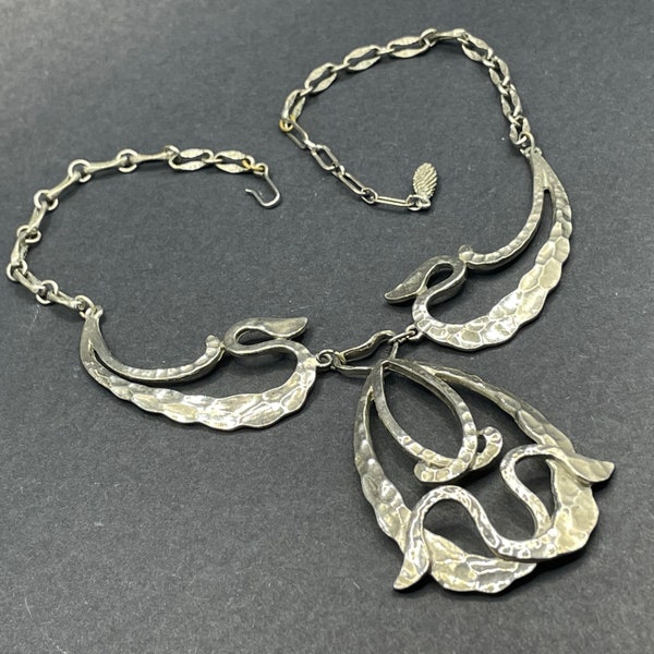 Vintage hammered metal Arts and Crafts or Scandinavian style silver tone statement bib necklace