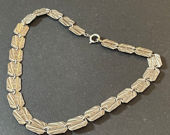 Vintage true Art Deco Jakob Bengel machine age silver tone chrome geometric panel short choker, original 1930s necklace