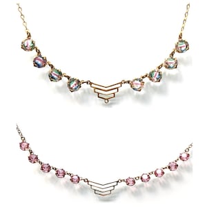 Val av två vintage art déco-halsband med kristaller och strass, fina semi-riviera-halsband, 2 olika glasfärger tillgängliga, irisglas eller rosa