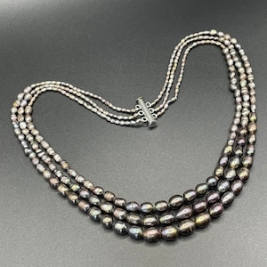 Vintage real black pearl triple strand necklace, genuine baroque freshwater pearls, graduate beads, 40 grams