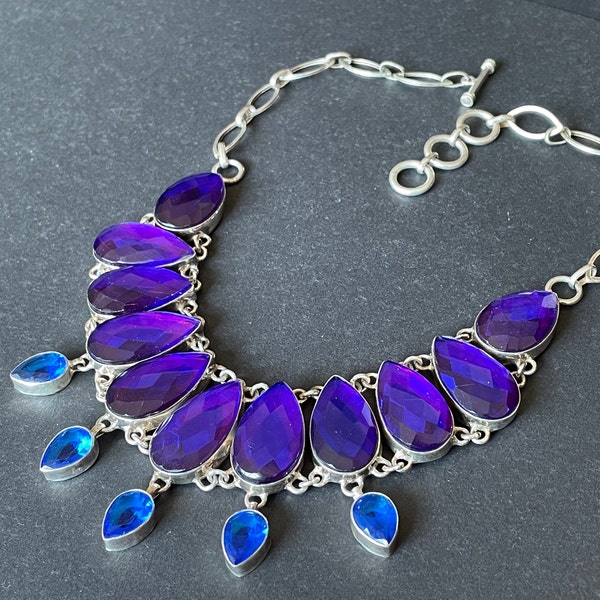 Vintage vivid purple and rich sapphire blue coloured stone (crystal paste and / or gemstone) & 925 silver statement bib necklace with fringe