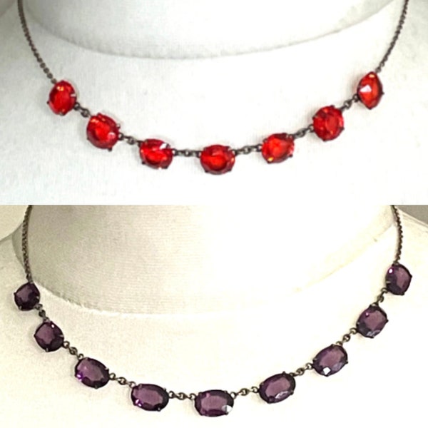 Choice of three vintage semi riviere necklaces, bright red or amethyst purple open backed bezel set crystal rhinestones