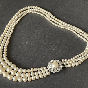 Vintage classic glass faux pearl triple strand necklace with lovely rhinestone feature clasp - chic, timeless piece, in original box