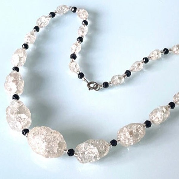 True vintage Art Deco moulded white / clear crackle glass, graduated bead necklace, gorgeous luminescent effect, French jet black spacers