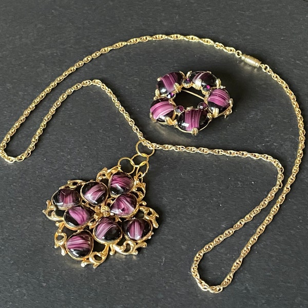 Large vintage purple faux banded agate glass cabochon and gold tone ornate pendant and brooch set by Sphinx