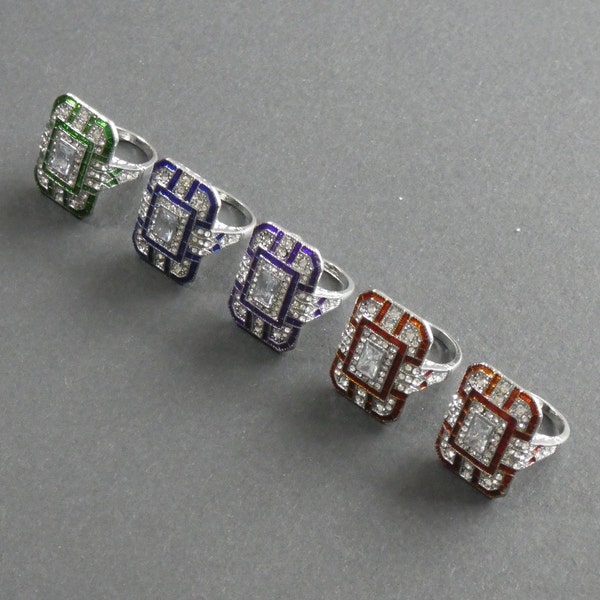 Selection of reproduction Art Deco style silver tone, enamel and rhinestone statement ring UK size N, choice of colours