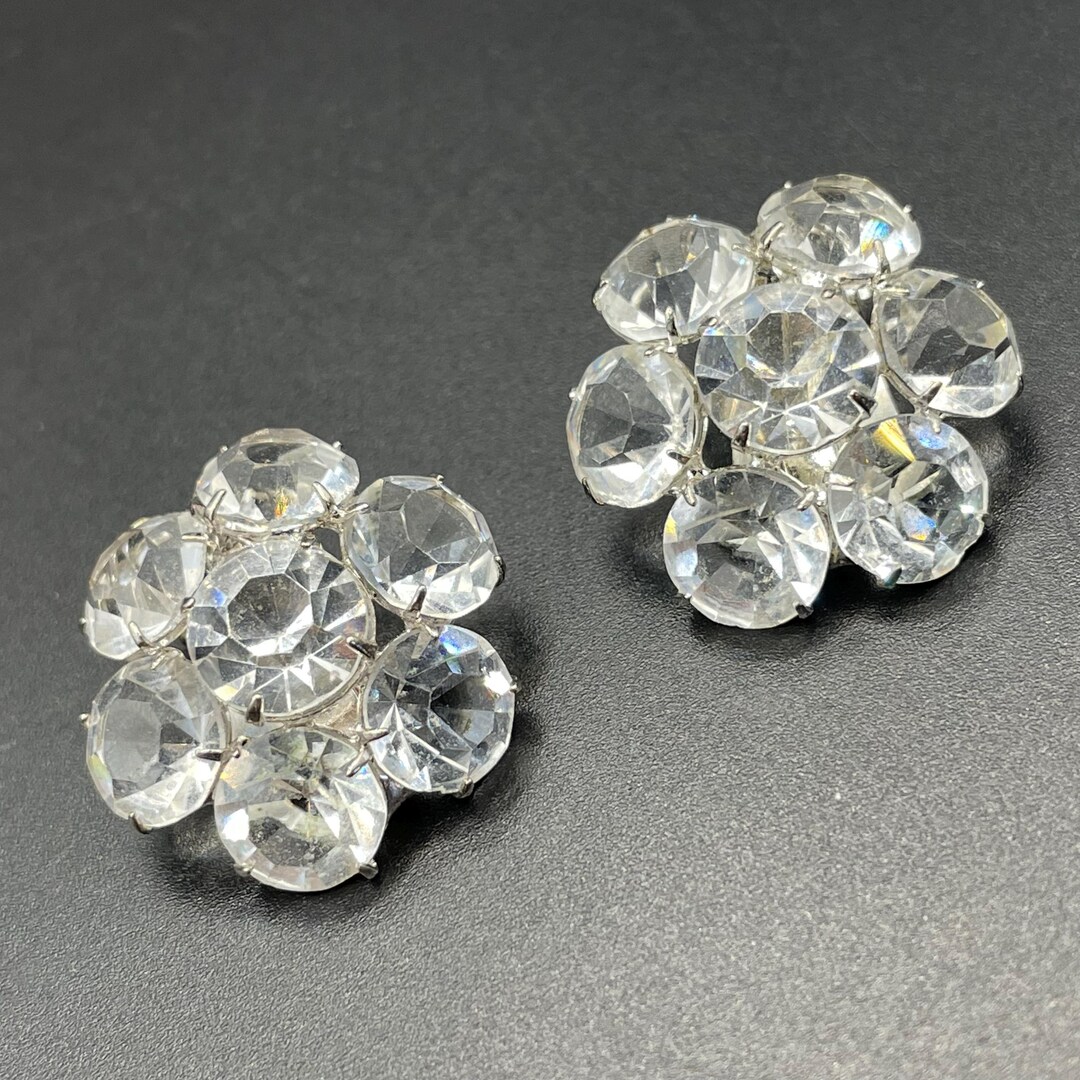 Vintage Ice Clear Rhinestone Clip on Earrings, Paste Stones Claw Set ...