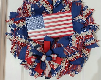 US Flag Patriotic Wreath, Red White and Blue Decor