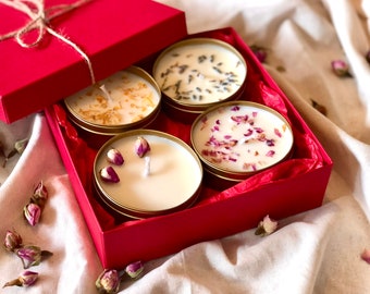 Cadeauset sojageurkaars: handgemaakte veganistische kaarsen in rode geschenkverpakking