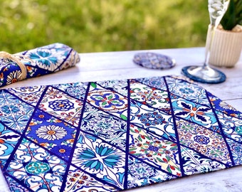 Mediterranean Pattern Placemats| Placemat Set of 2, 4, 6 | Table Mats | Placemat and Coaster Set| Housewarming Gift | Dining Decor