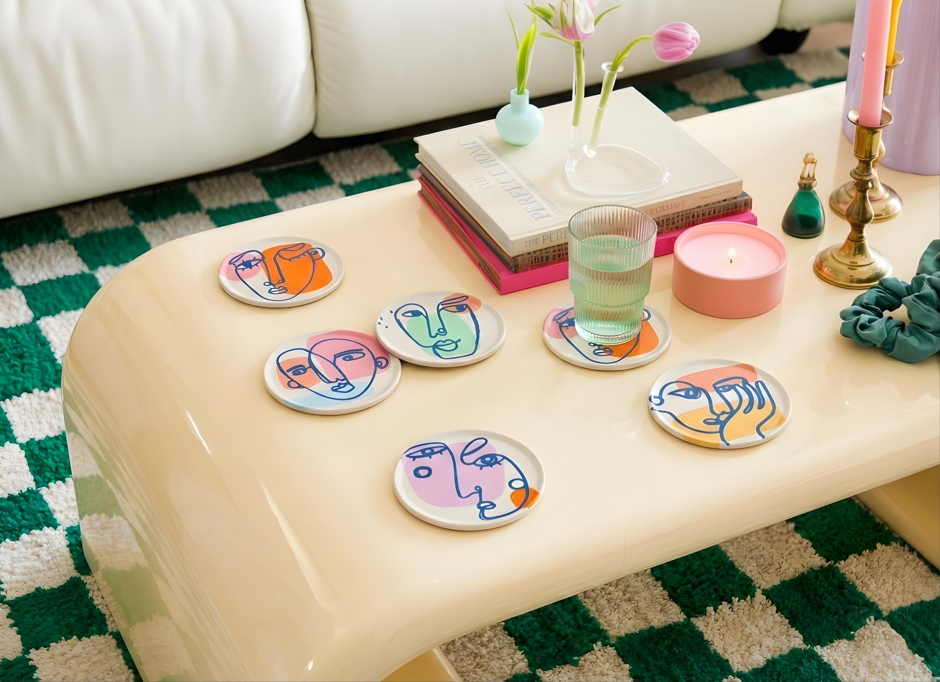 抽象的な顔のコースター：ブリキのドリンクコースター6枚セット - Etsy