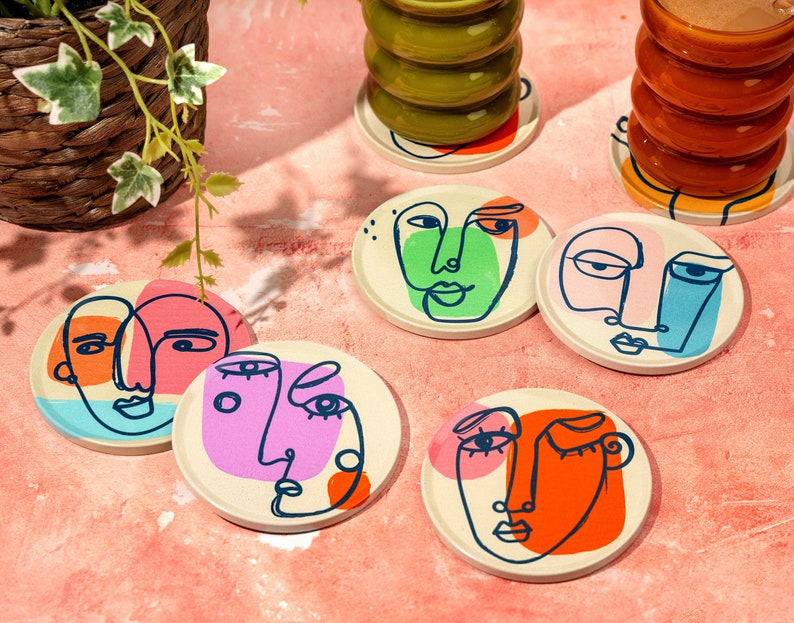 Coasters Unique Coaster Set Abstract Faces Art Coasters Etsy