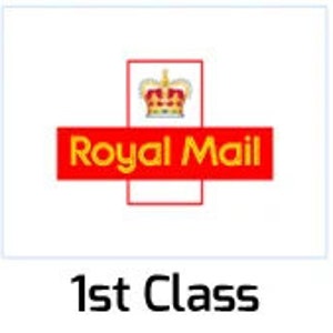 May include: Royal Mail logo with a red background and a gold crown. The text "1st Class" is below the logo.