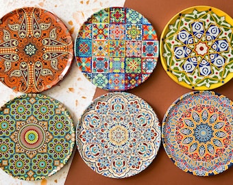 Mediterranean Design Coasters: Tin Drink Coaster Set of 6 | Gifts for Her