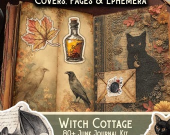 May include: Open junk journal kit with the text "COVERS, PAGES & EPHEMERA" at the top. The journal pages feature illustrations of a leaf, a potion bottle, crows, a black cat, and a bat. The text "WITCH COTTAGE 80+ JUNK JOURNAL KIT" is at the bottom.