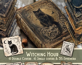 May include: A collection of vintage-style ephemera and book covers with a gothic theme. The central image features a large, ornate book with a black cat illustration. Additional elements include stamps, tags, and the text "Witching Hour".