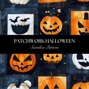 Può includere: Un motivo senza cuciture di Halloween con zucche arancioni, facce intagliate, pipistrelli e stelle su sfondo blu scuro. Il testo "PATCHWORK HALLOWEEN Seamless Pattern" è visualizzato in un banner nero.