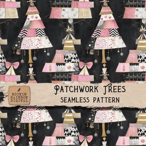 Peut inclure: Un motif sans couture avec des arbres patchwork roses, dorés, noirs et blancs. Les arbres présentent des motifs géométriques superposés et sont ornés de nœuds et d'ornements suspendus. Le texte "Patchwork Trees Seamless Pattern" est affiché.