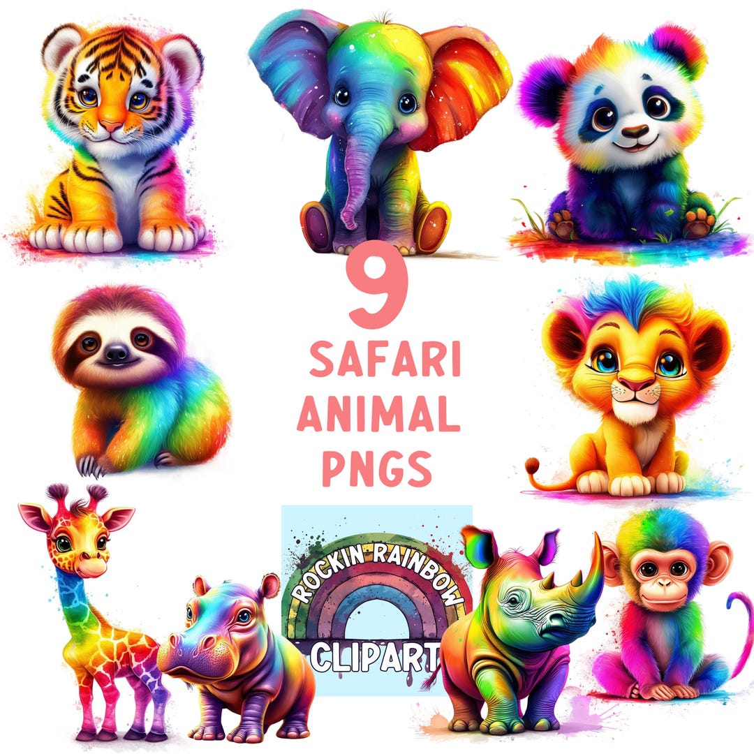 Safari Animals Clipart Rainbow Watercolor Baby Animal Pngs for Nursery ...