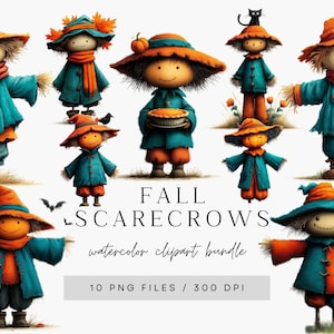 Scarecrow Clipart Bundle, Cute Scarecrow PNG, Fall Clipart, Digital Download for Scrapbooking and Journaling