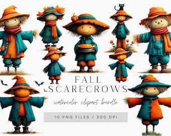Scarecrow Clipart Bundle, Cute Scarecrow PNG, Fall Clipart, Digital Download for Scrapbooking and Journaling