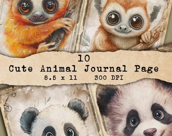 May include: A set of 10 printable journal pages featuring cute animal illustrations. The pages are 8.5 x 11 inches and 300 DPI. The animals include a lemur, a panda, and a monkey.