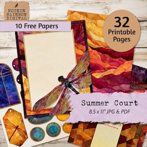 May include: A digital collection of 32 printable pages titled Summer Court, featuring 8.5 x 11 inch JPG and PDF files. The designs include dragonfly illustrations, abstract orange and red patterns, circular motifs, and a blue arched window frame.