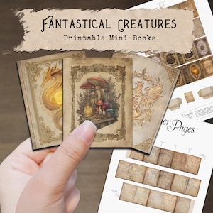 May include: A hand holding three miniature printable books with fantasy illustrations. The books feature a dragon, mushrooms, and a coat of arms. The text "Fantastical Creatures Printable Mini Books" is at the top.