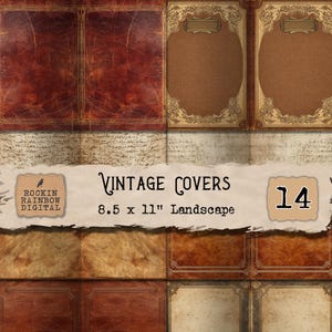 May include: A collage of vintage book covers in various shades of brown and tan. The image includes the text "Vintage Covers" and "8.5 x 11" Landscape". The number "14" is also displayed. The covers have decorative borders and aged textures.