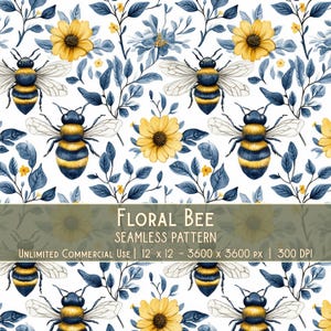 Flowers and Bees Seamless Pattern, Yellow Spring, Flower Aesthetic Digital Paper PNG Surface Design Illustration Commercial Use