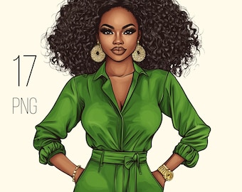 Clipart de chica negra: Moda PNG, arte afrocéntrico (uso comercial)
