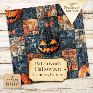 Halloween Patchwork Seamless Pattern, 3D Effect Spooky Pumpkin Design (Digital Download)