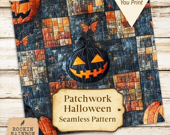 ハロウィンパッチワークシームレスパターン、3D効果の不気味なカボチャデザイン（デジタルダウンロード）